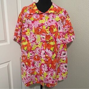 3X Colorful Abstract Flower Short Sleeve Blouse 22W/24W White Stag Women’s
